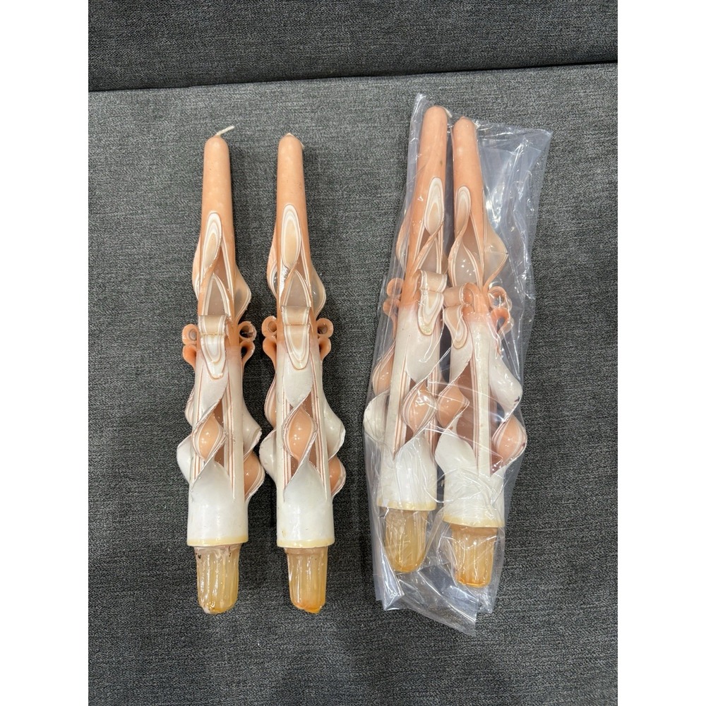 Vintage Hand‎ Dipped Carved Twist And Curled Taper Candles Peach And Cream X 4